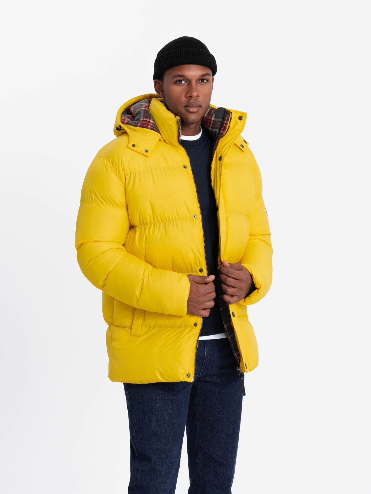 Ombre Men's puffer jacket with check lining - yellow