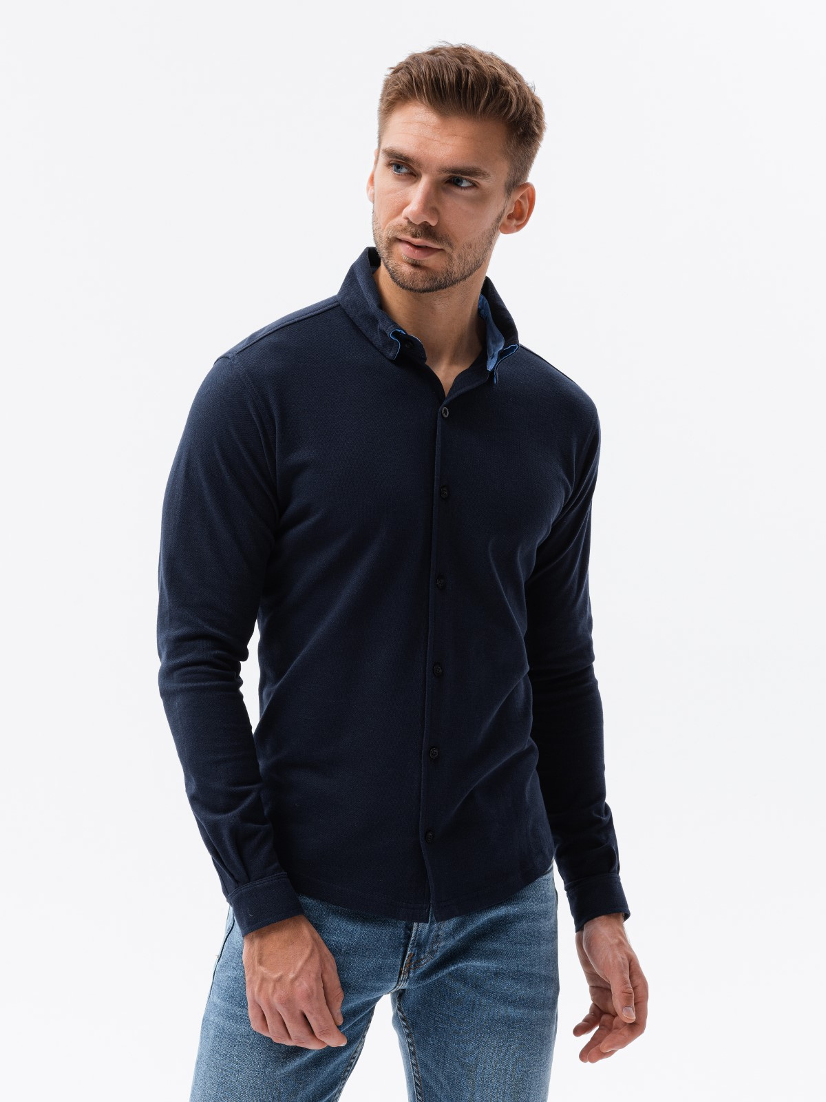 Ombre Men&#039;s knitted SLIM FIT long sleeve shirt - navy blue