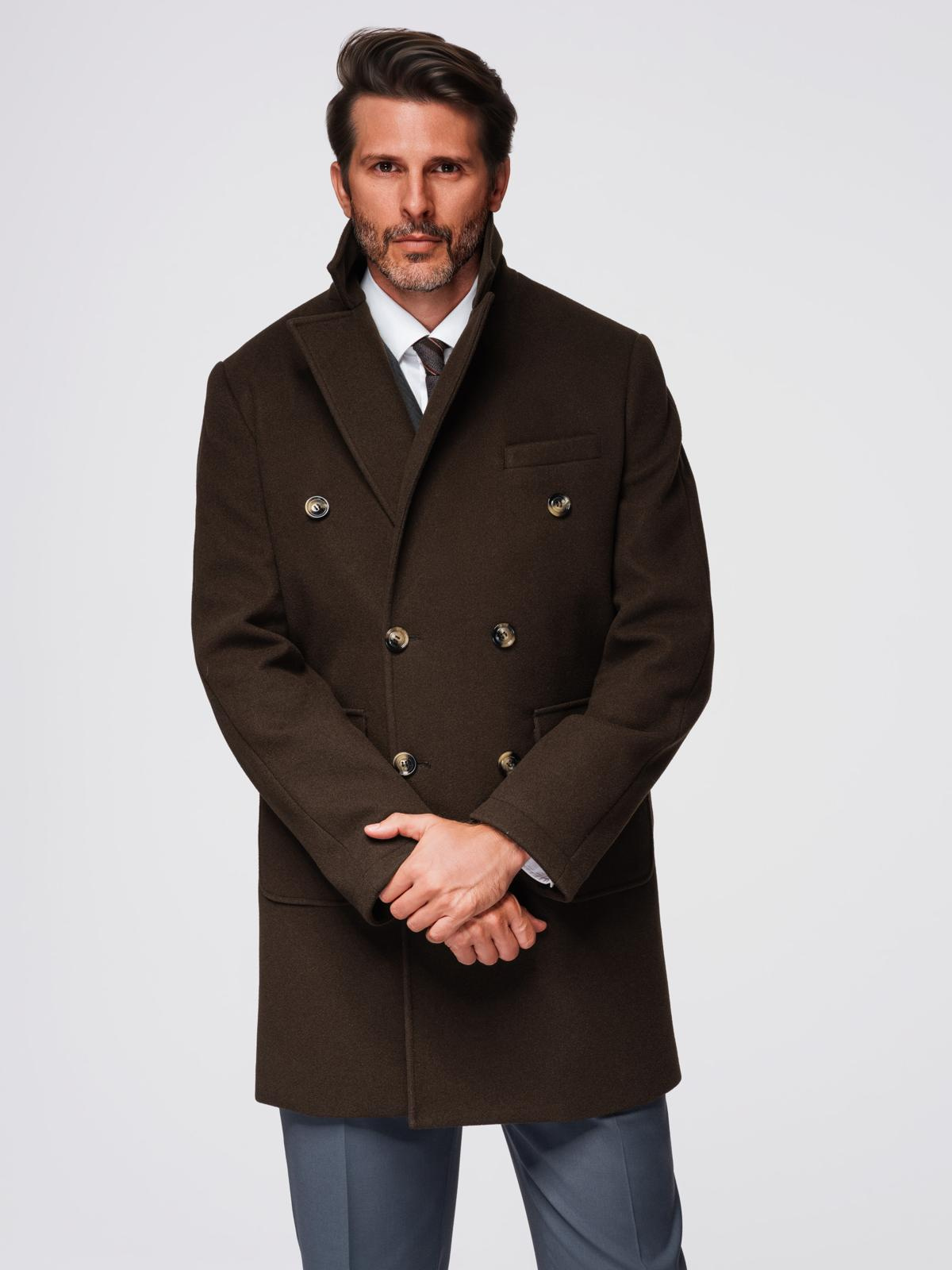 Ombre Men&#039;s double-breasted coat with decorative buttons - dark brown