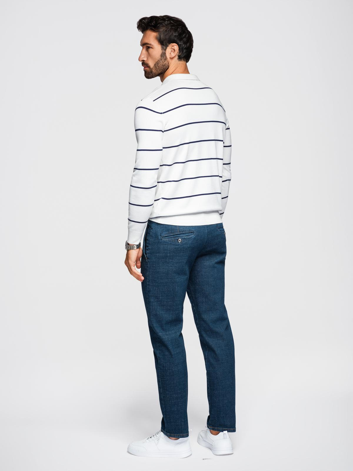 Ombre Men's horizontal striped polo longsleeve with viscose - white and navy blue