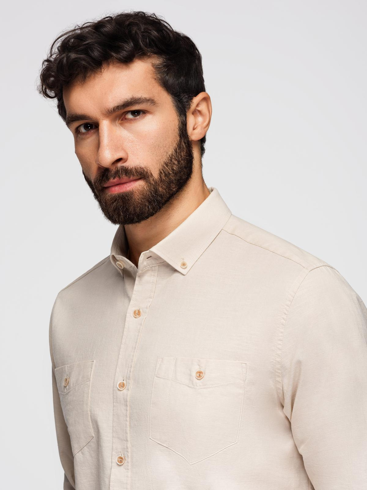 Ombre Men's linen shirt with classic collar and pockets REGULAR FIT - cream