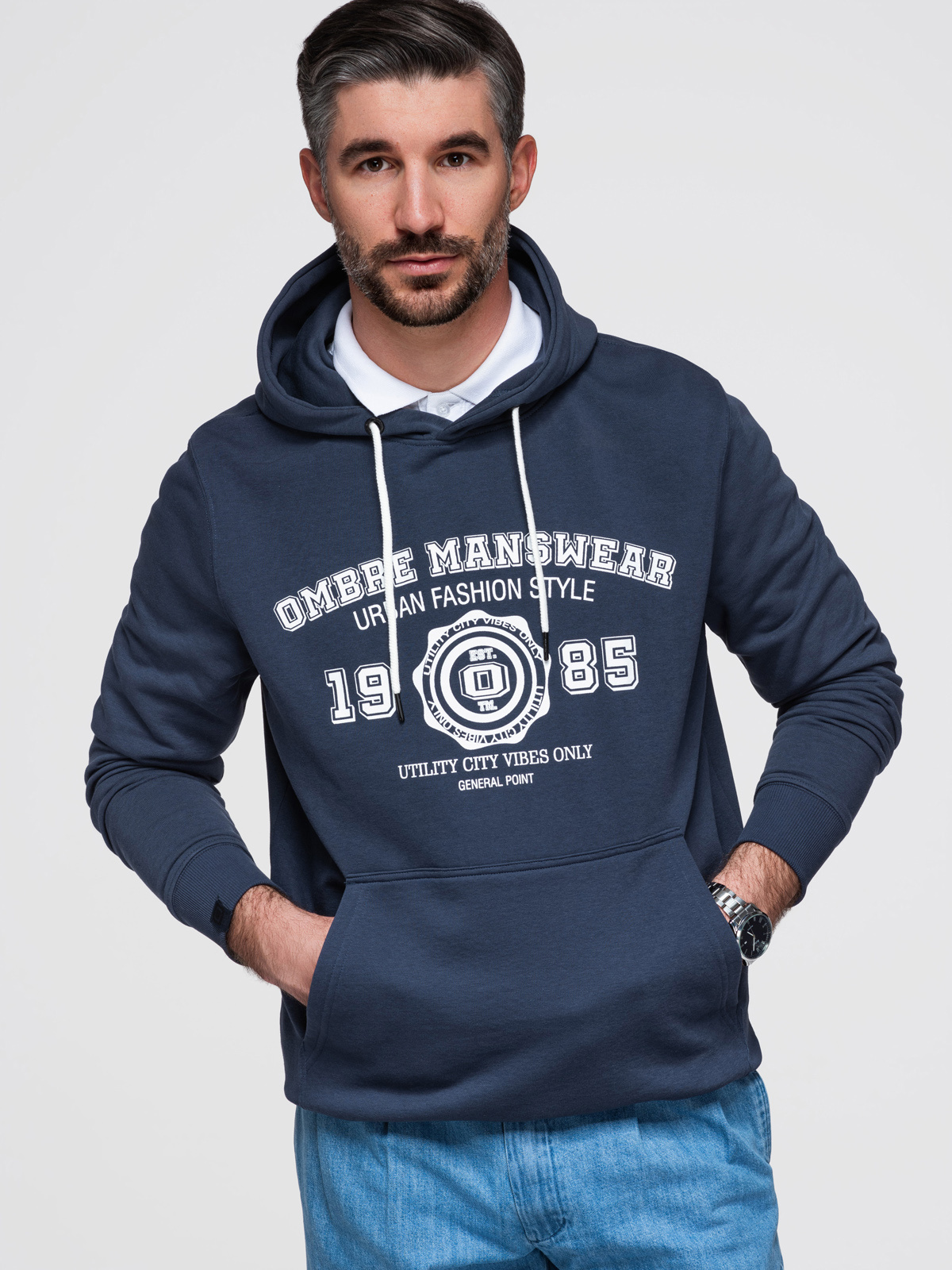 Ombre Men's kangaroo hoodie with college style print - navy blue