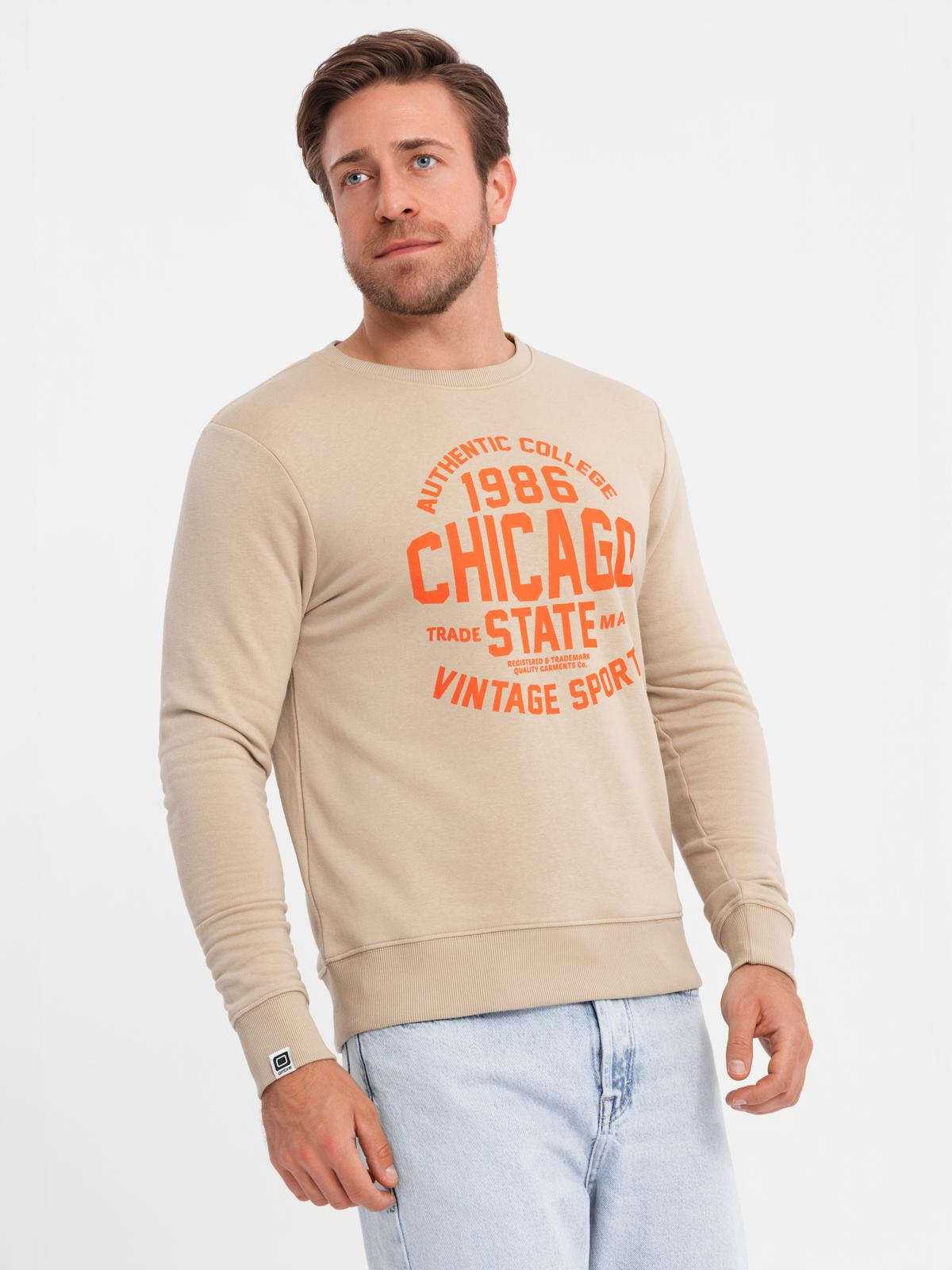 Ombre Men&#039;s unbuttoned sweatshirt with collegiate print - sand