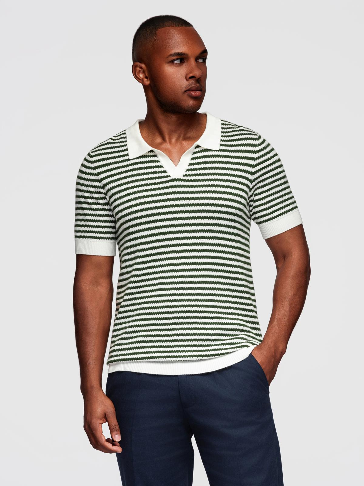 Ombre Men's knitted buttonless polo shirt with navy stripes - white and olive