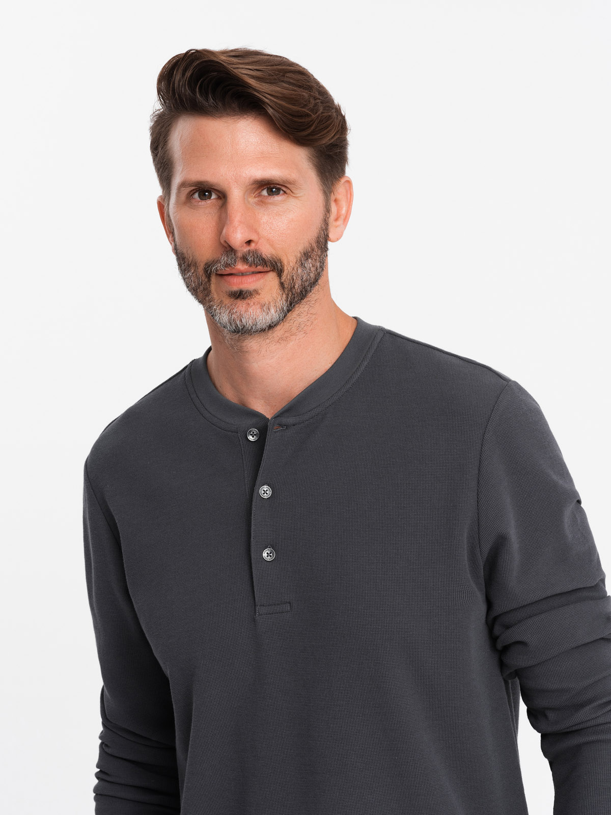 Ombre Men's waffle knit neck button-up longsleeve - graphite