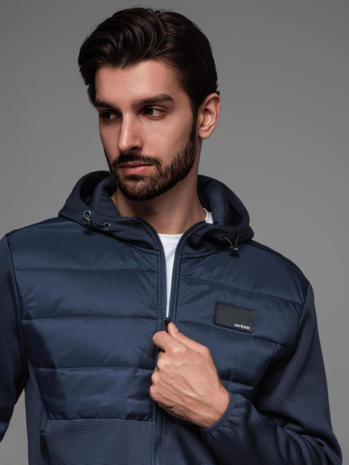 Ombre Men&#039;s lightweight jacket of combined materials with hood and decorative quilting - navy blue