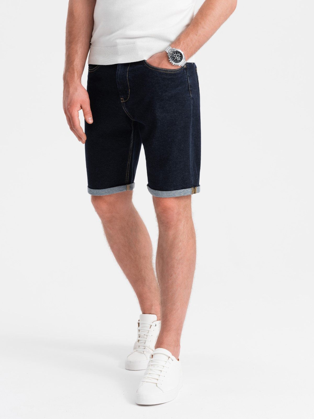 Ombre Men's denim shorts with rolled up legs - navy blue