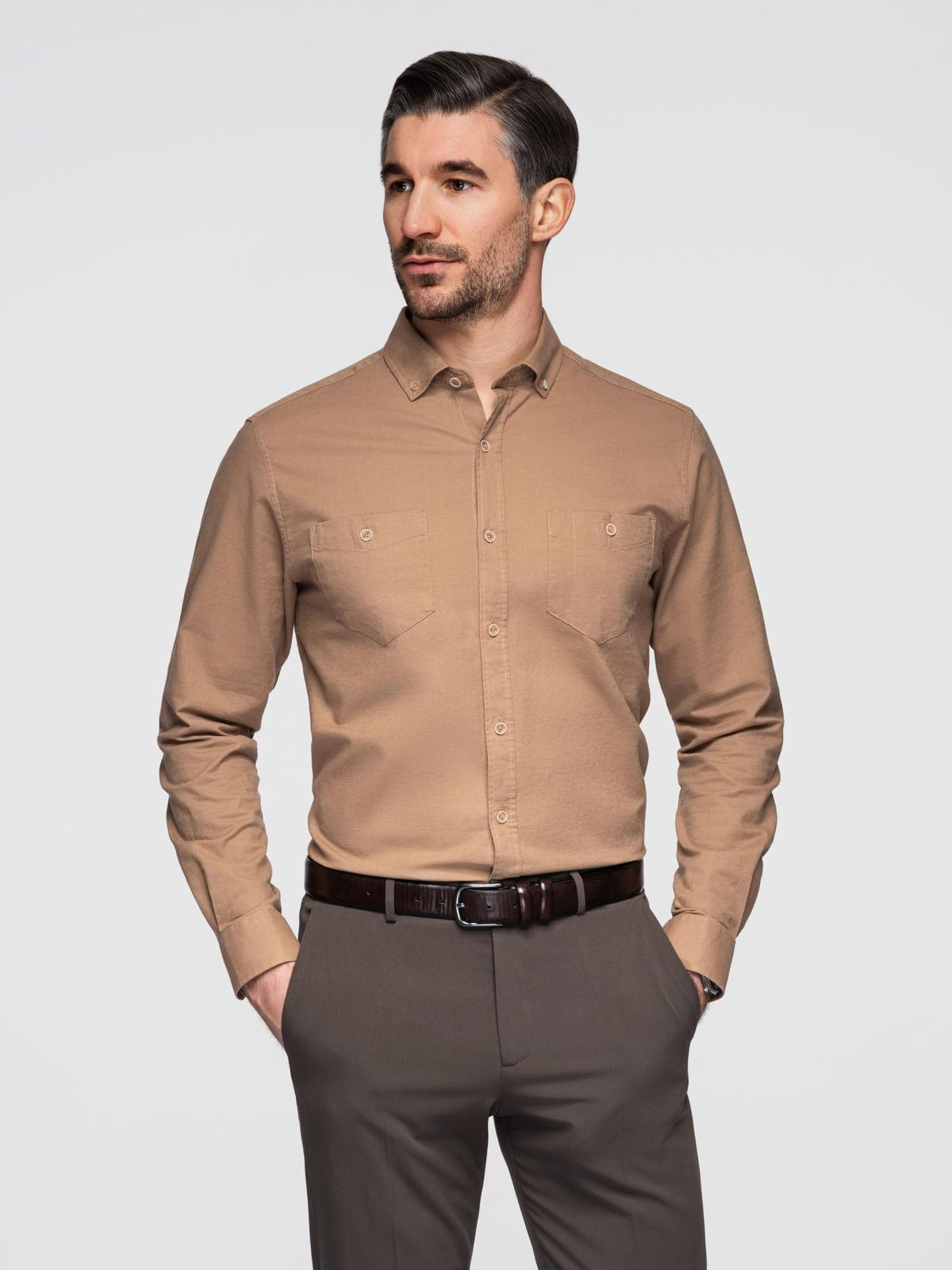 Ombre Men's linen shirt with classic collar and pockets REGULAR FIT - light brown