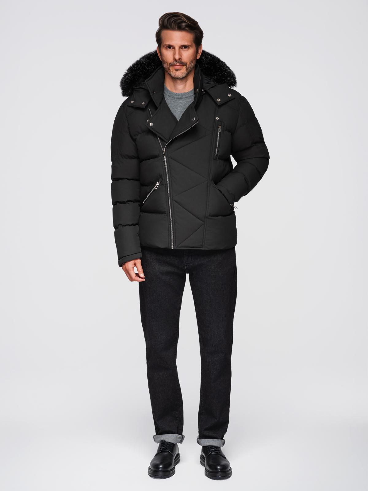 Ombre Men&#039;s quilted jacket with cut of ramoneski with hood - black