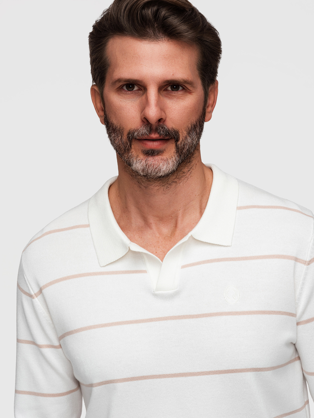 Ombre Men's horizontal striped polo longsleeve with viscose - white and beige