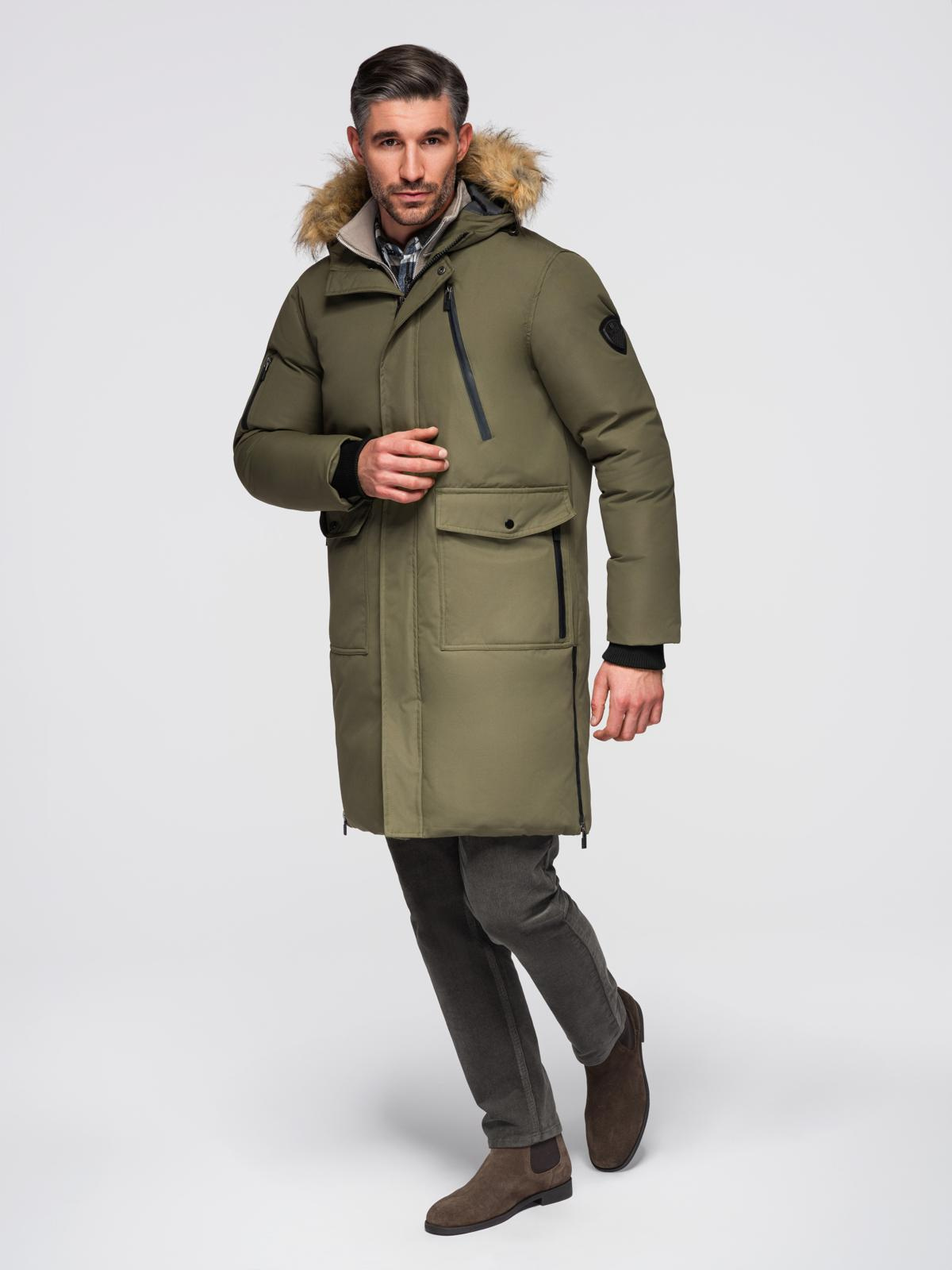 Ombre Alaskan men's winter jacket with detachable fur from the hood - dark olive green