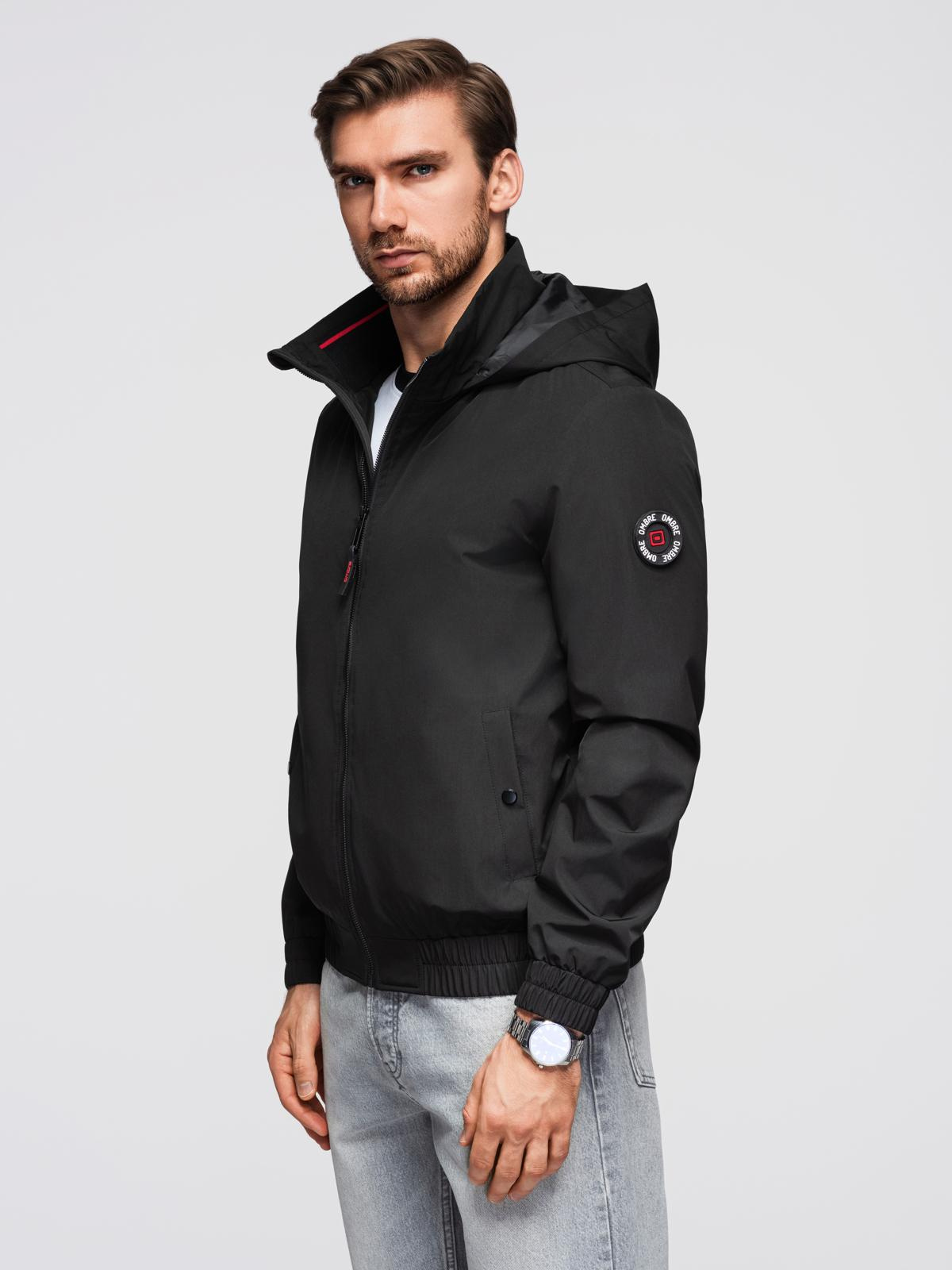 Ombre Men&#039;s jacket with hood and high collar - black