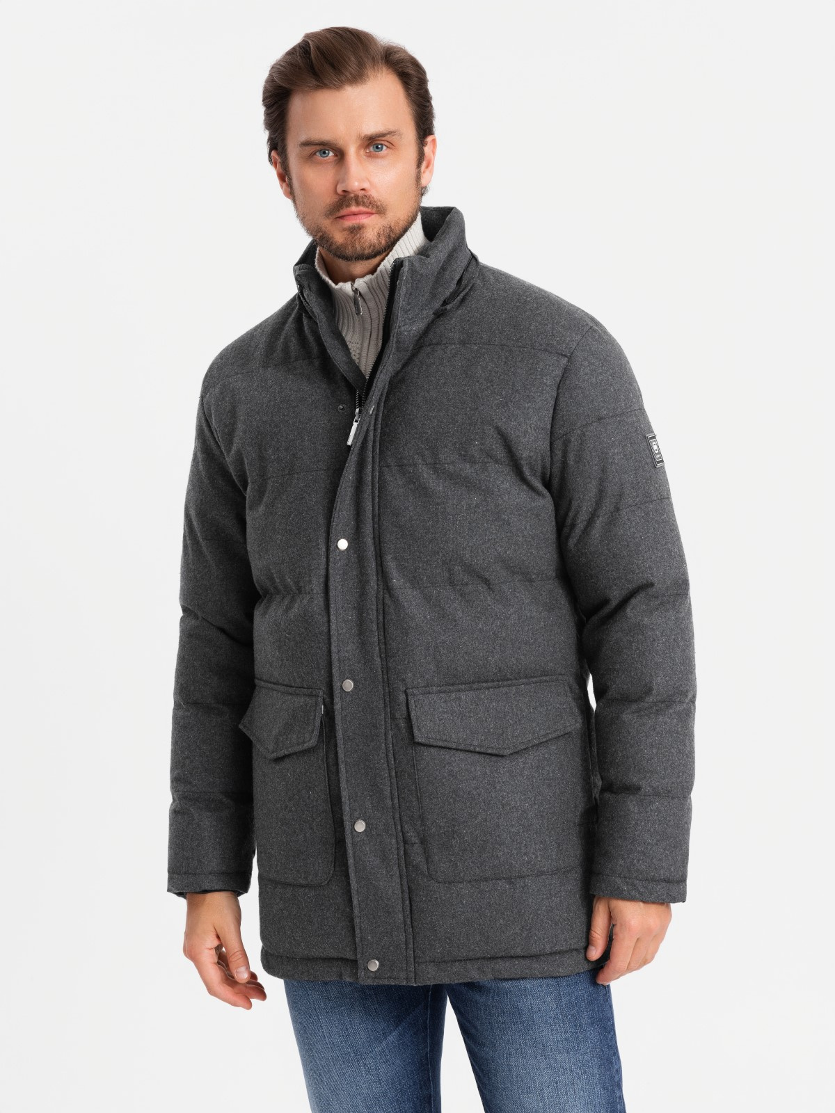 Ombre Men&#039;s long warm parka jacket with wool - black melange
