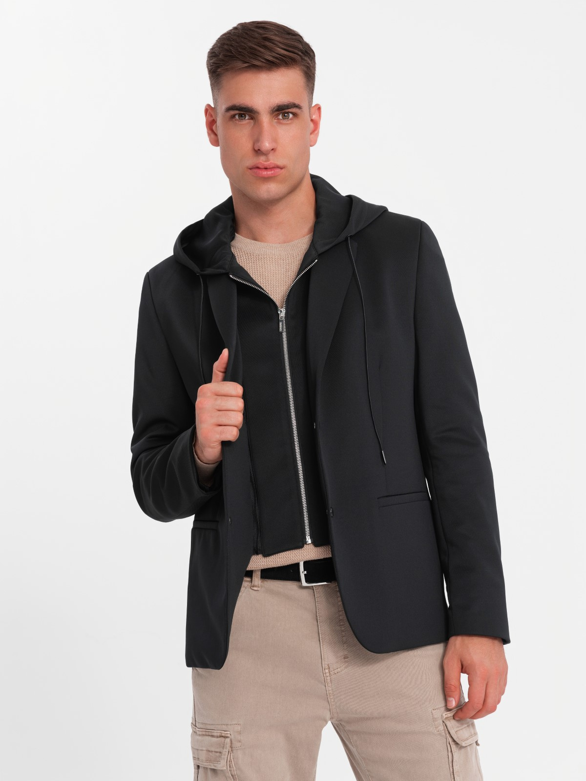 Ombre Men's blazer with detachable underlining and hood - black