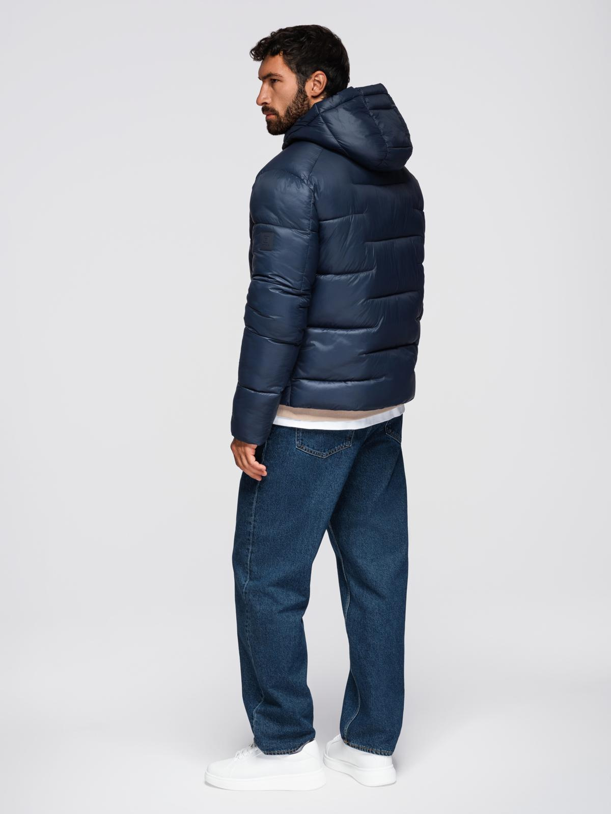 Ombre Men&#039;s quilted puffer jacket with hood - navy blue