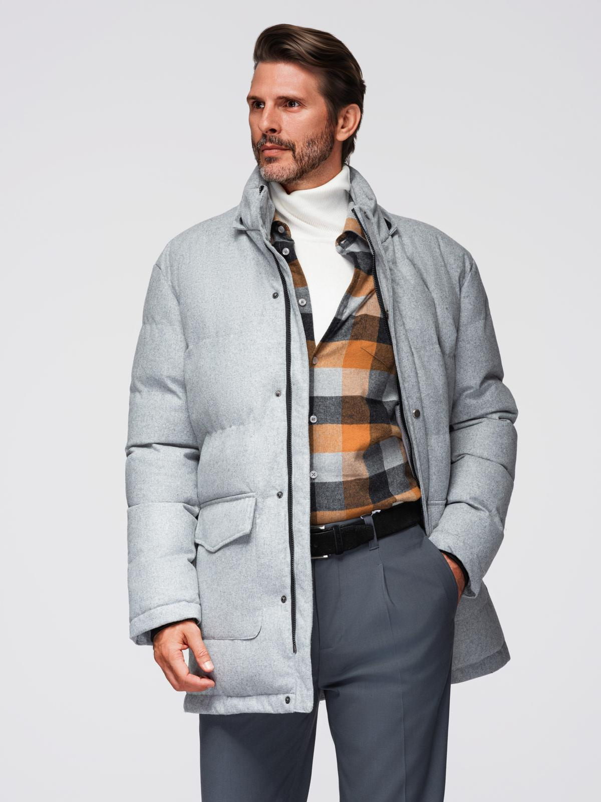 Ombre Warm men&#039;s long parka jacket with wool - light grey melange