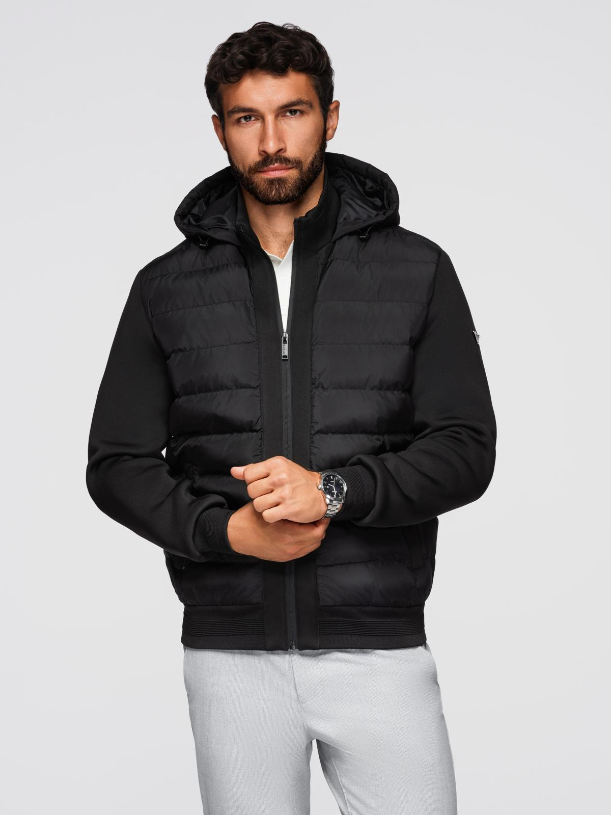 Ombre Quilted bomber jacket with hood and knitted sleeves - black