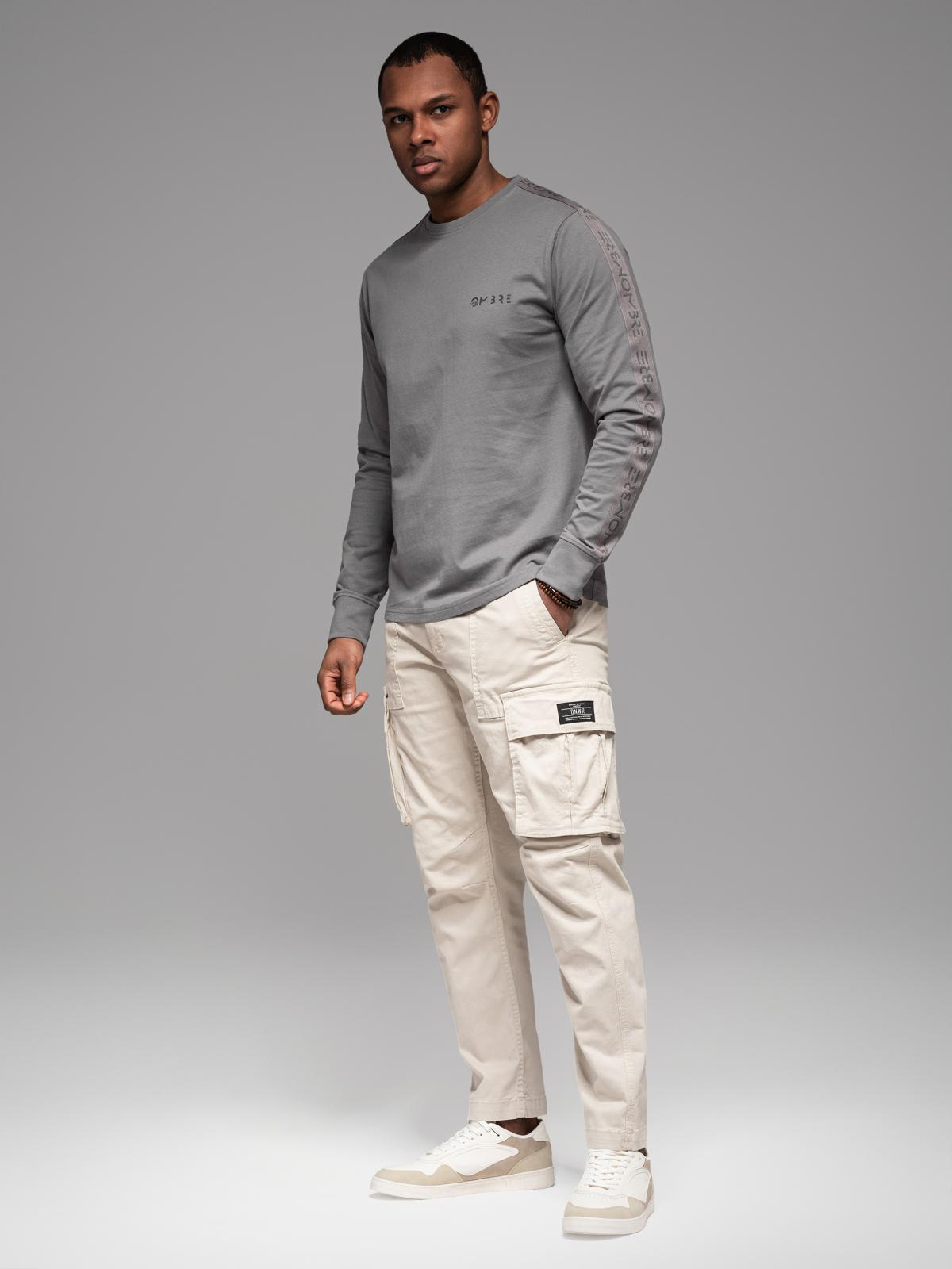 Ombre Men's cotton U-neck longsleeve with piping and chest print - grey