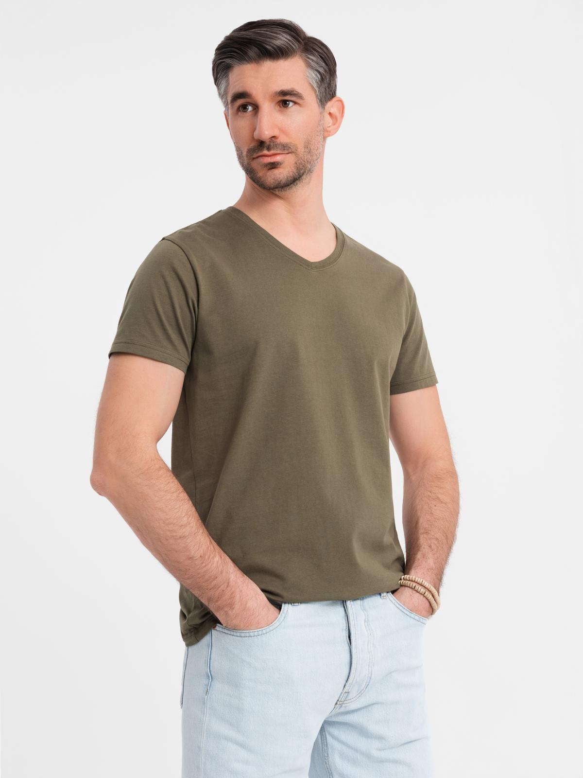 Ombre Mens BASIC classic cotton T-shirt with a serape neckline - dark olive