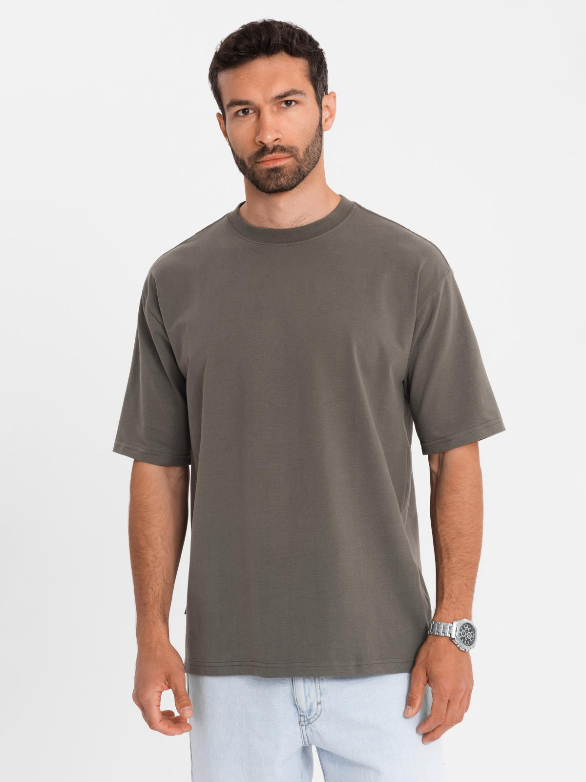 Ombre Men's LOOSE FIT cotton t-shirt with round neckline - dark olive