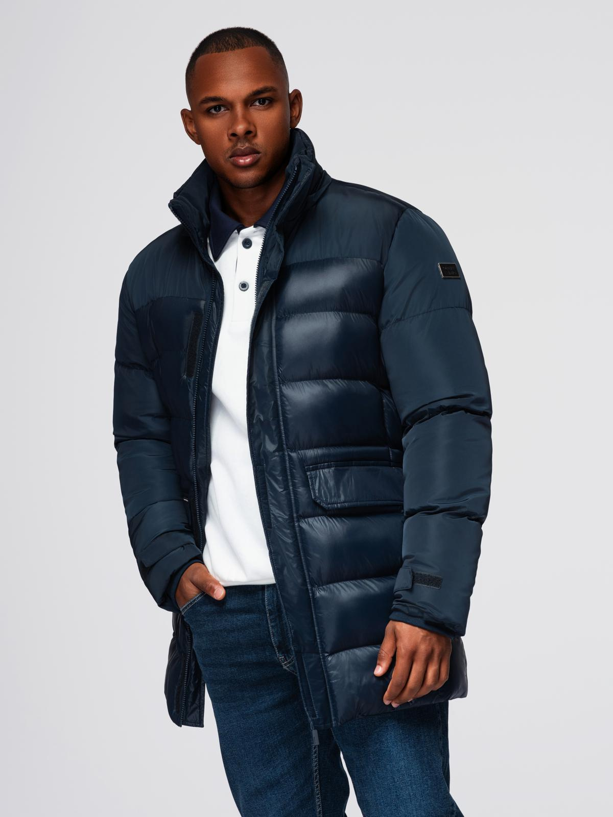 Ombre Men&#039;s quilted jacket with combined materials and hood - navy blue