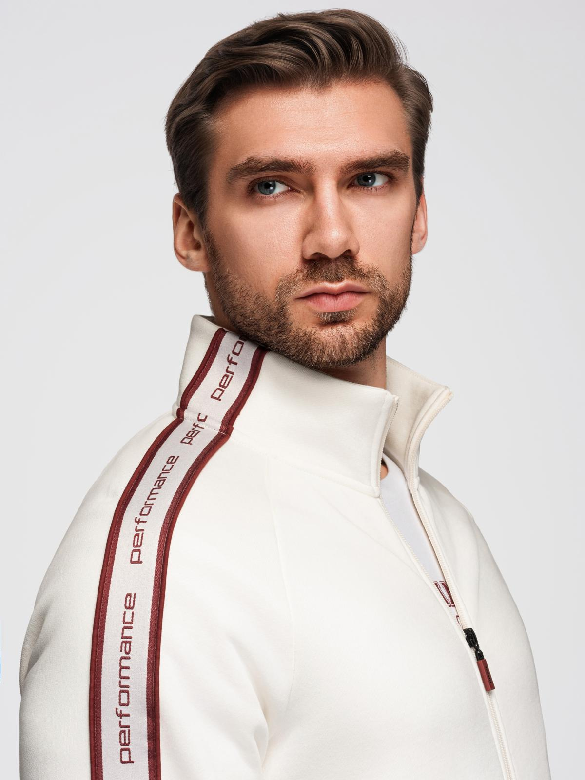 Ombre Men's unbuttoned sweatshirt with piping and high collar - cream