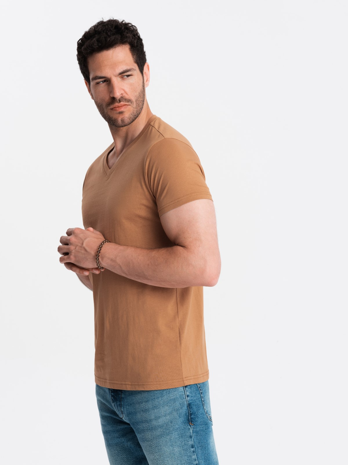 Ombre Men's BASIC classic cotton T-shirt with a v-neck - brown