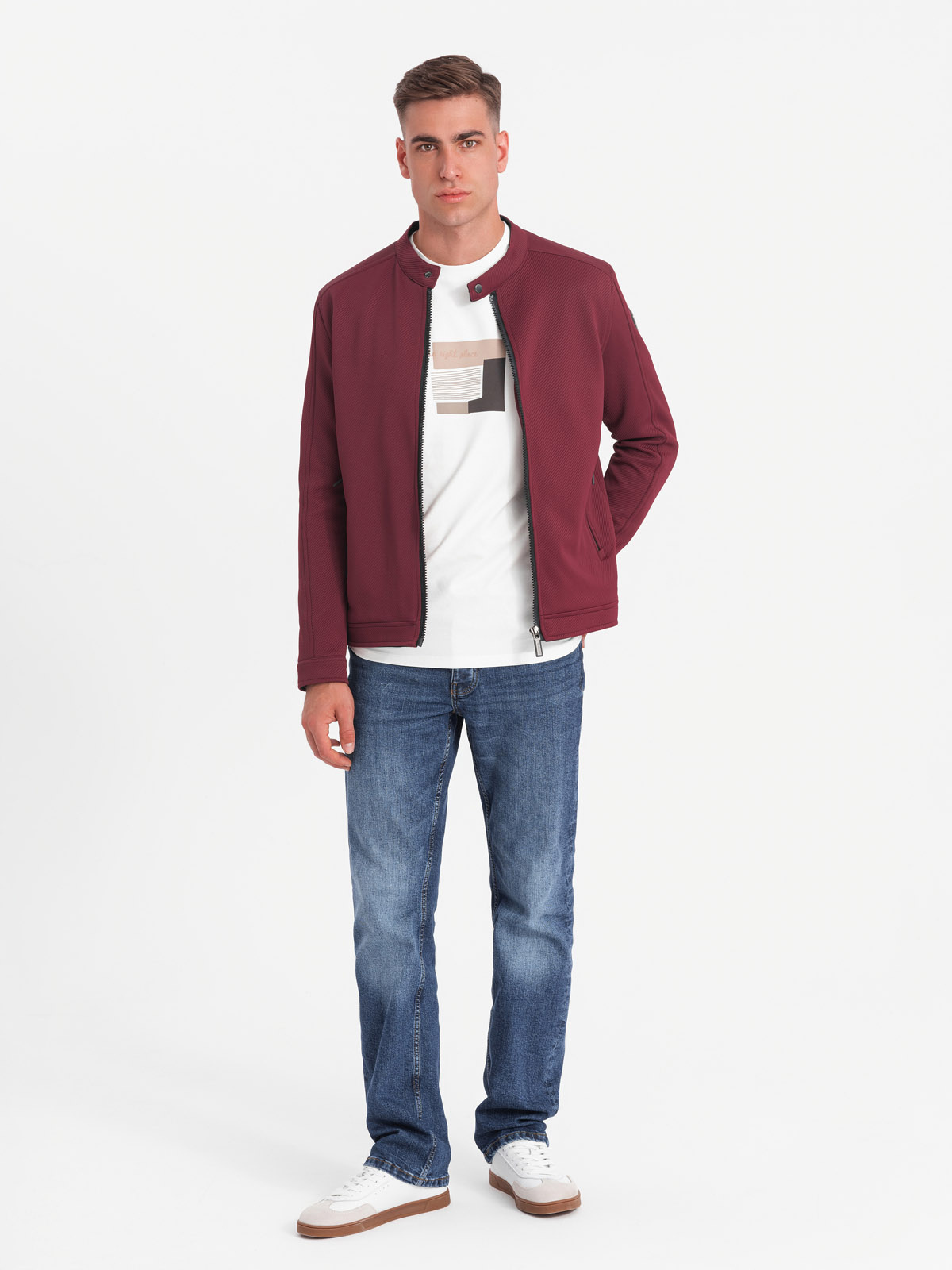 Ombre Men's BIKER jacket in structured fabric - maroon