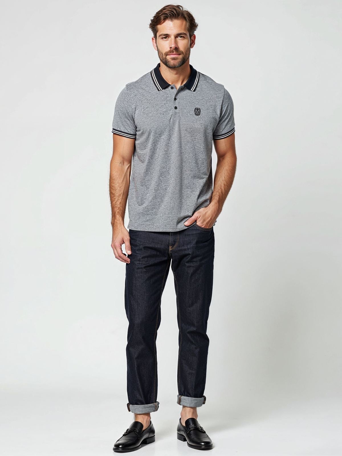 Ombre Men's melange polo shirt with striped collar - black