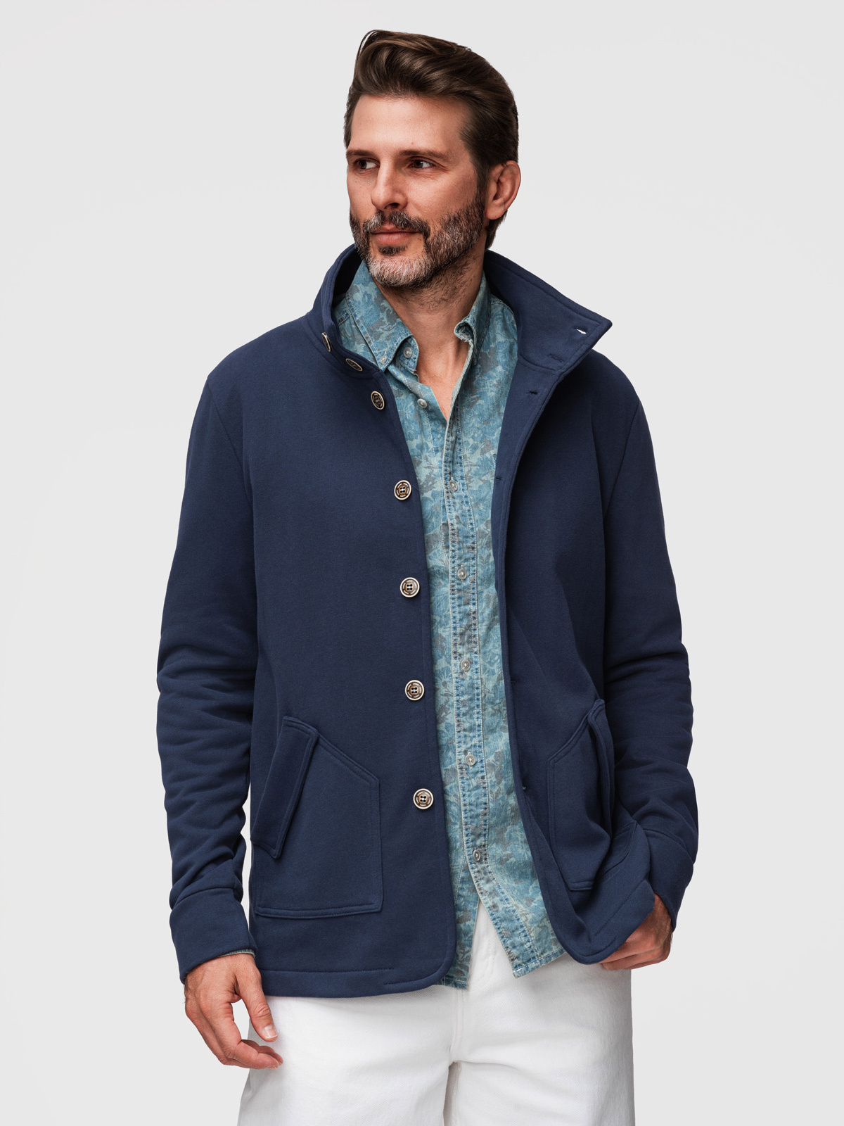 Ombre Men's button-down sweatshirt with collar - navy blue