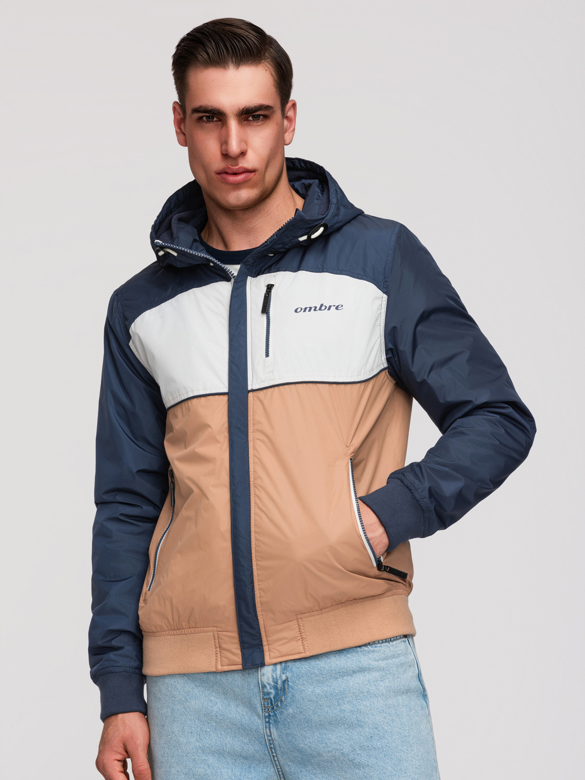 Ombre Lightweight colorful men's sports jacket with fleece - brown and navy blue