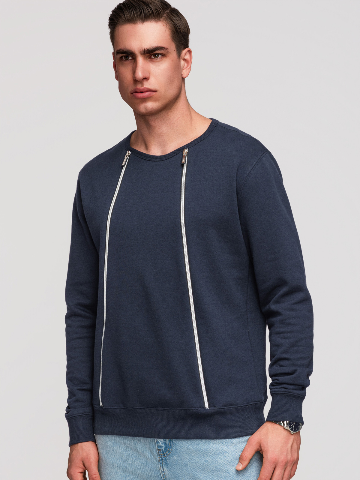 Ombre Men's sweatshirt with decorative zips on the front - navy blue
