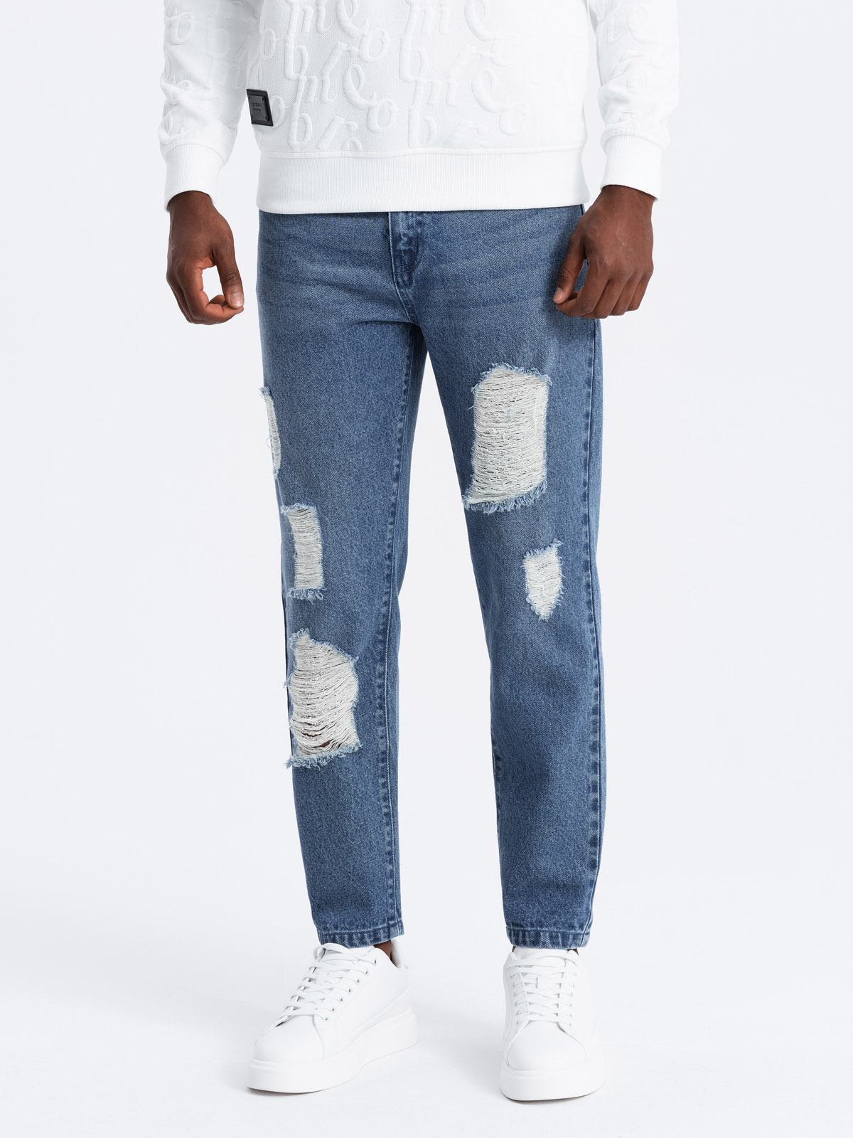 Ombre Men&#039;s TAPERED FIT denim pants with holes - dark blue