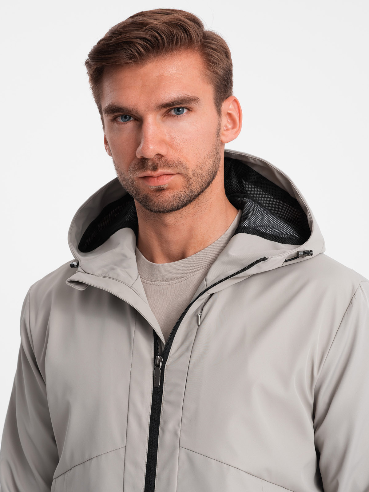 Ombre Men&#039;s lightweight jacket with mesh lining and hood - grey