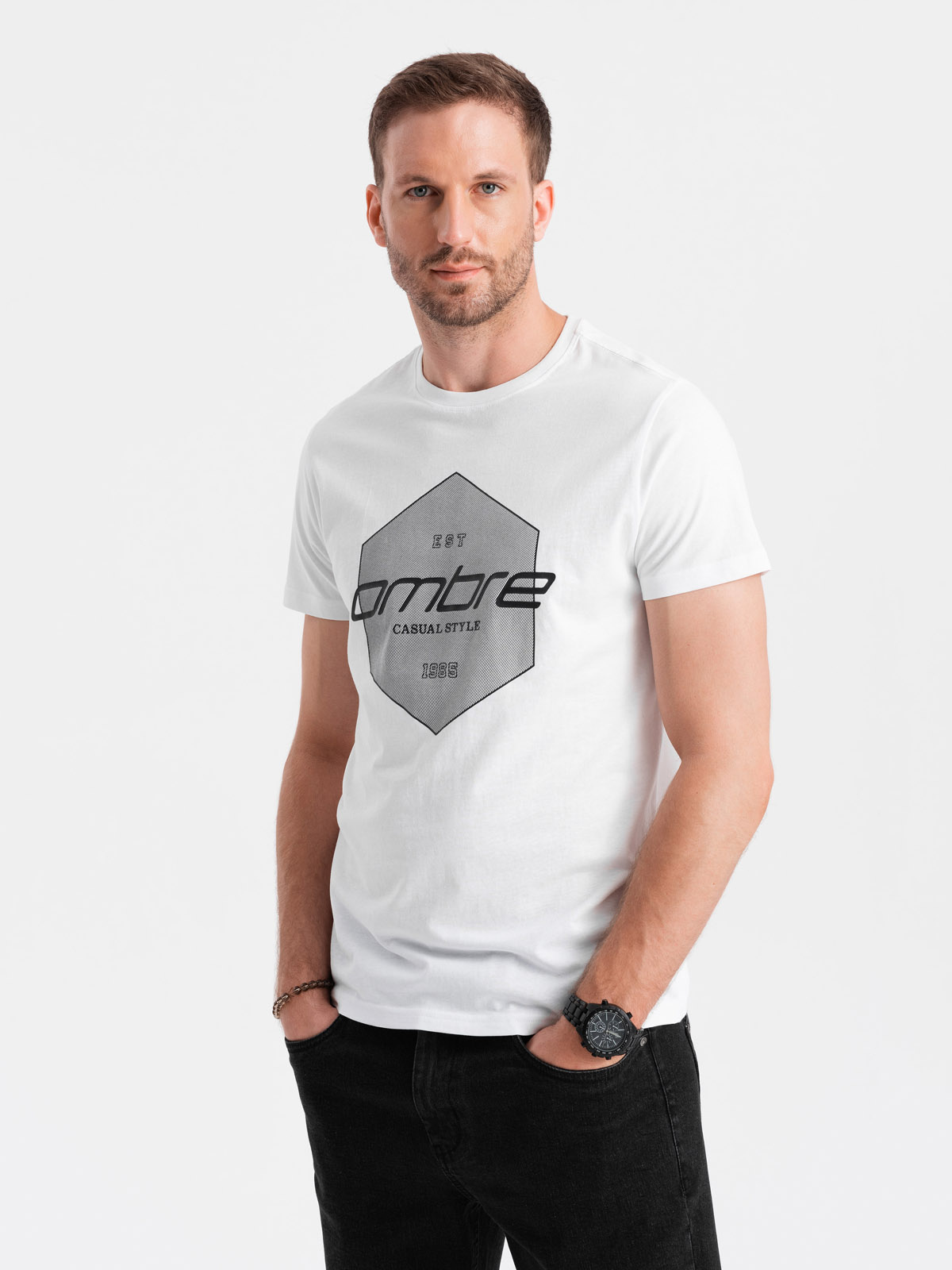 Ombre Men's Cotton T-shirt With Geometric Print And Logo - White