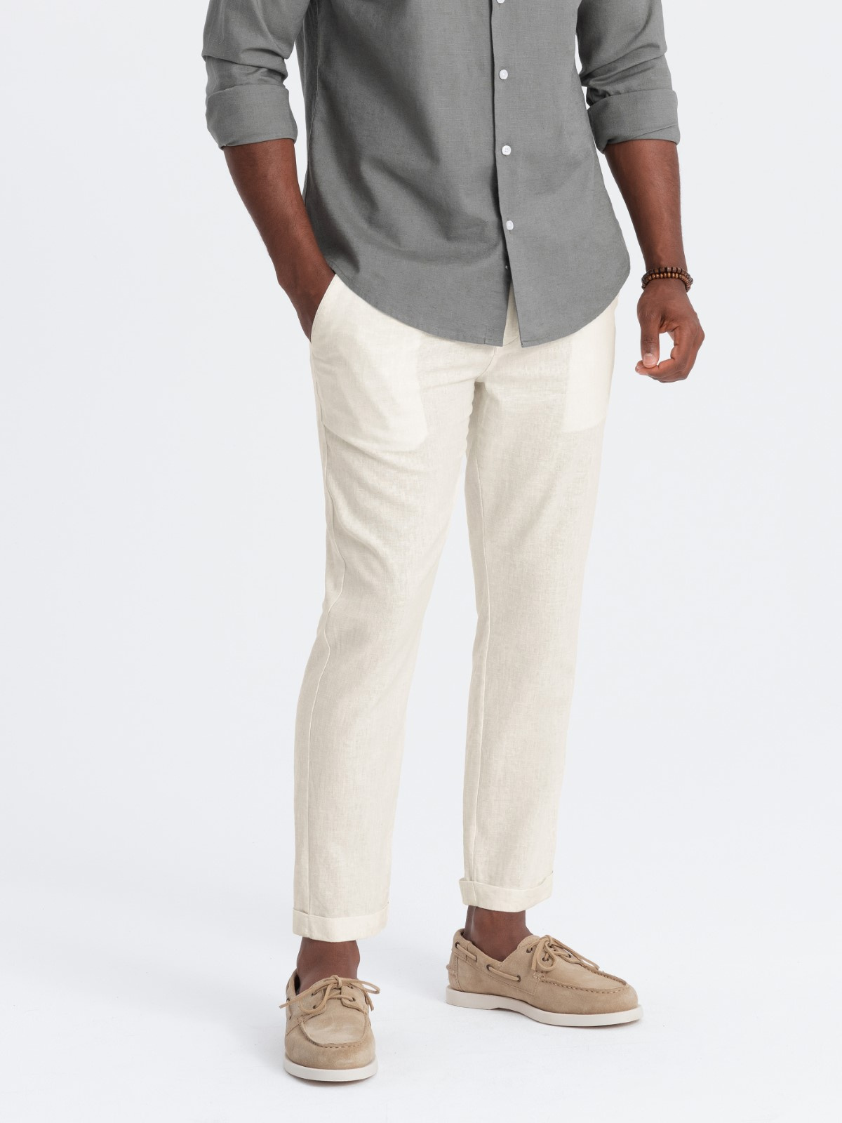 Ombre Men's linen blend roll-up chino pants - cream