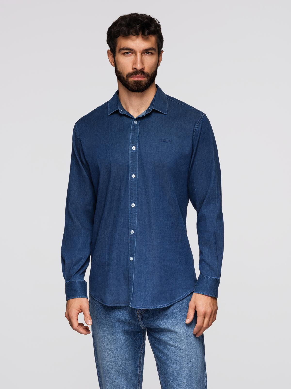 Ombre Men's denim shirt with lyocell and embroidery on chest - dark blue