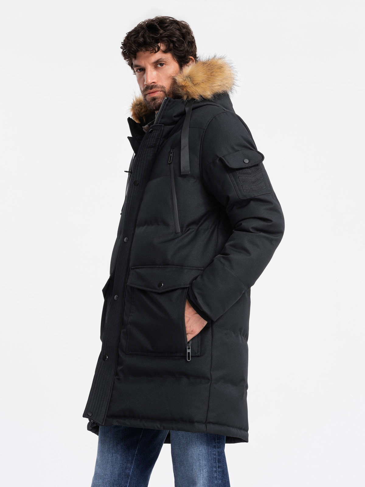 Ombre Men's long warm parka jacket with hood - black