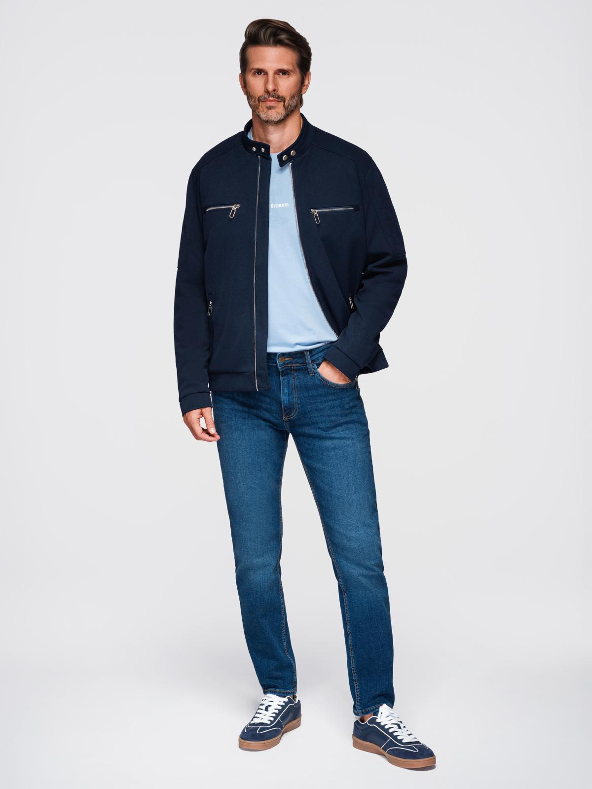 Ombre Men&#039;s biker jacket with collar and pockets - navy blue
