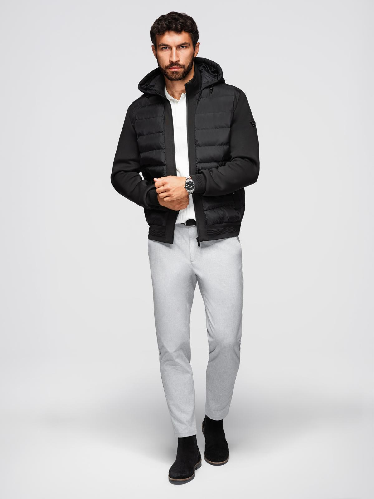 Ombre Quilted bomber jacket with hood and knitted sleeves - black