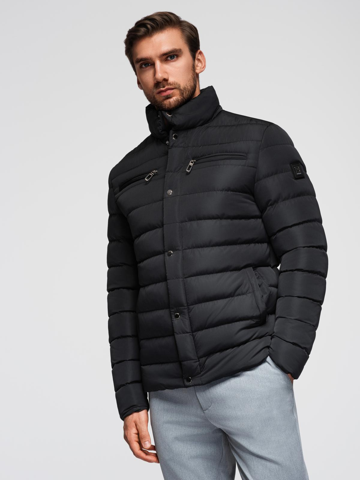 Ombre Men&#039;s quilted jacket with stand-up collar and chest zips - black