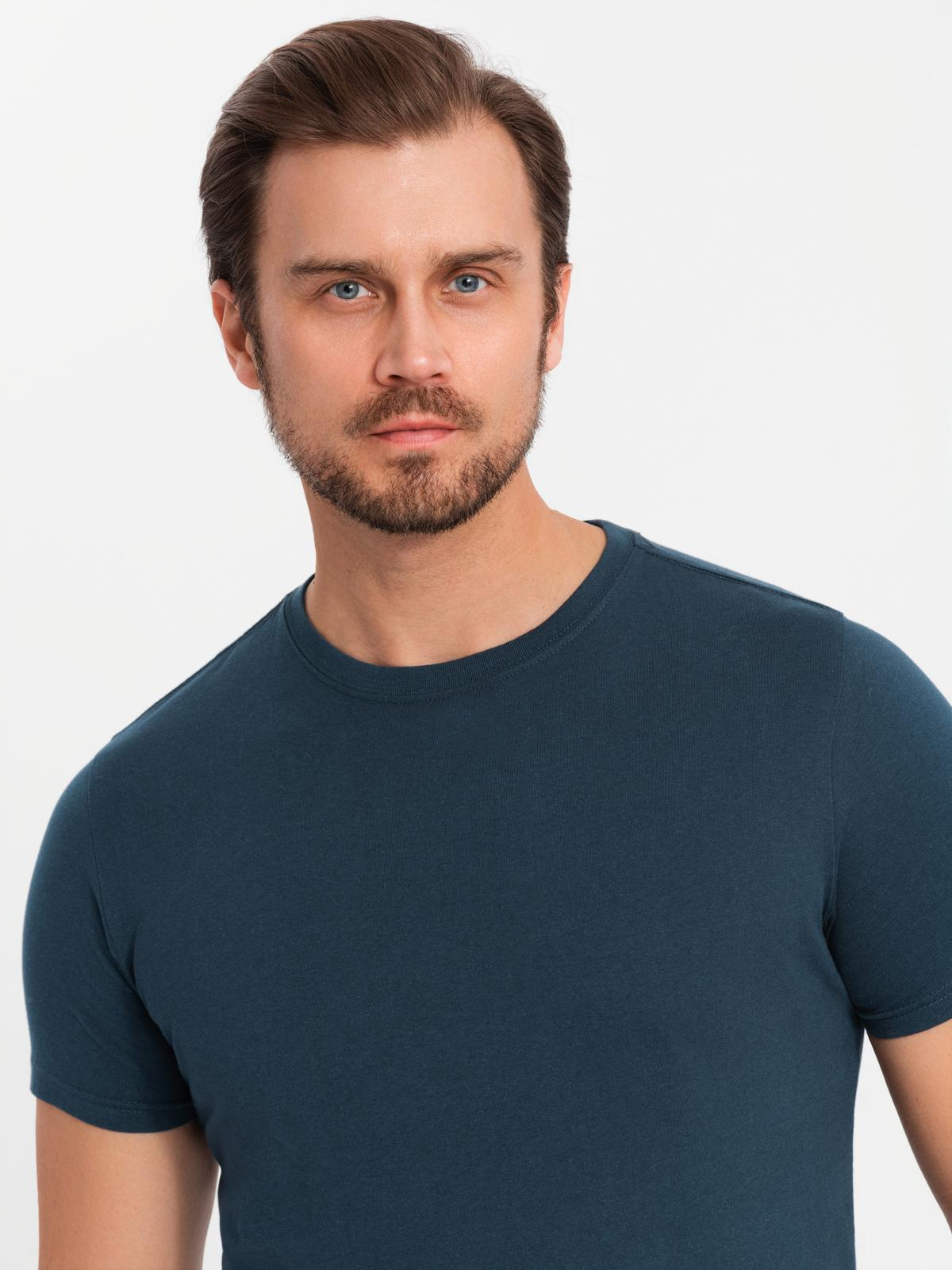 Ombre Set of men's BASIC cotton shirts with round neckline - 3x navy blue