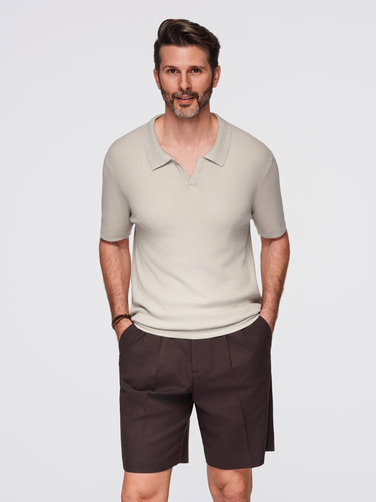 Ombre Men's buttonless polo shirt with open collar - light grey
