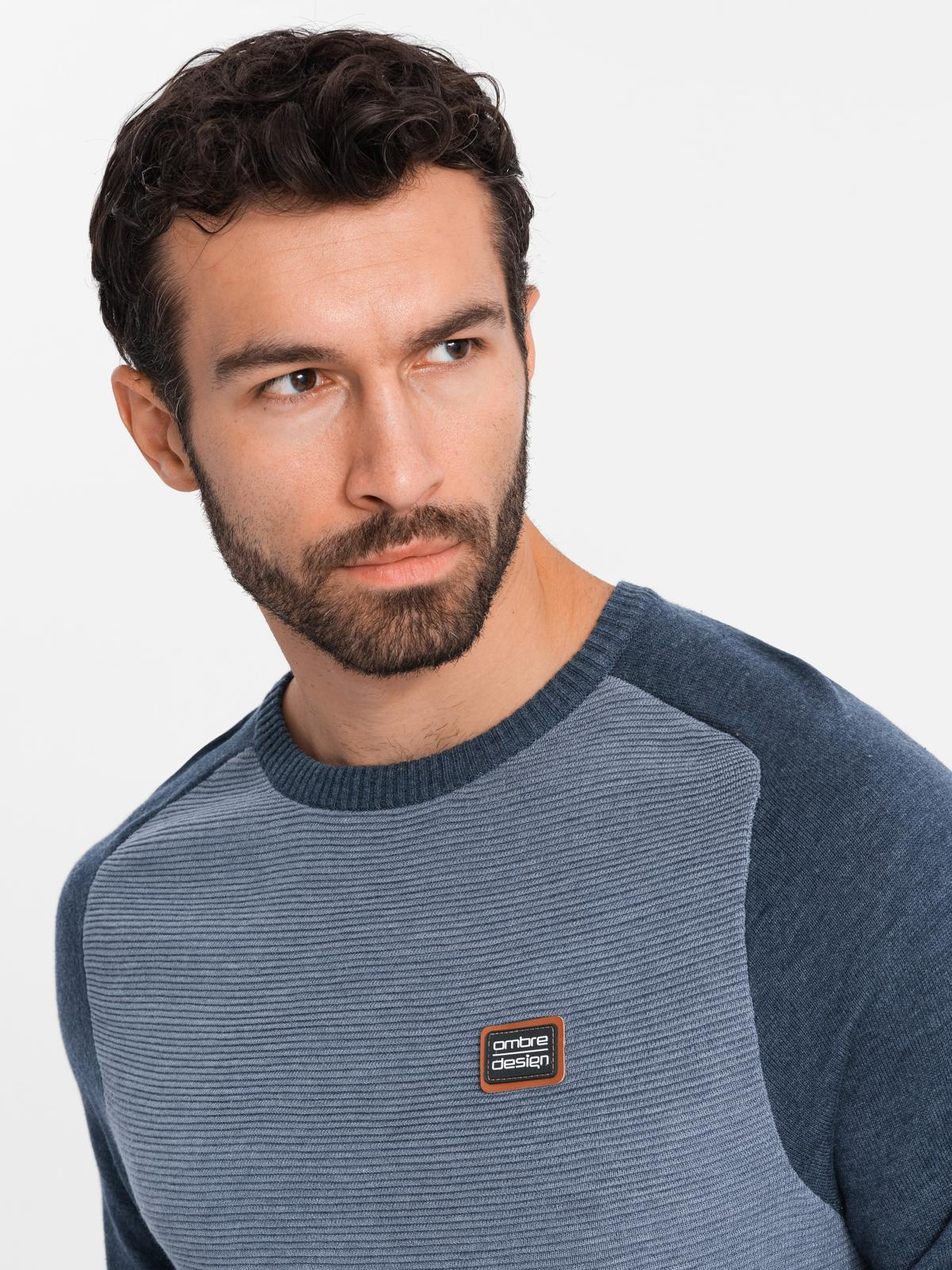 Ombre Cotton men&#039;s sweater with patch and raglan sleeves - navy blue