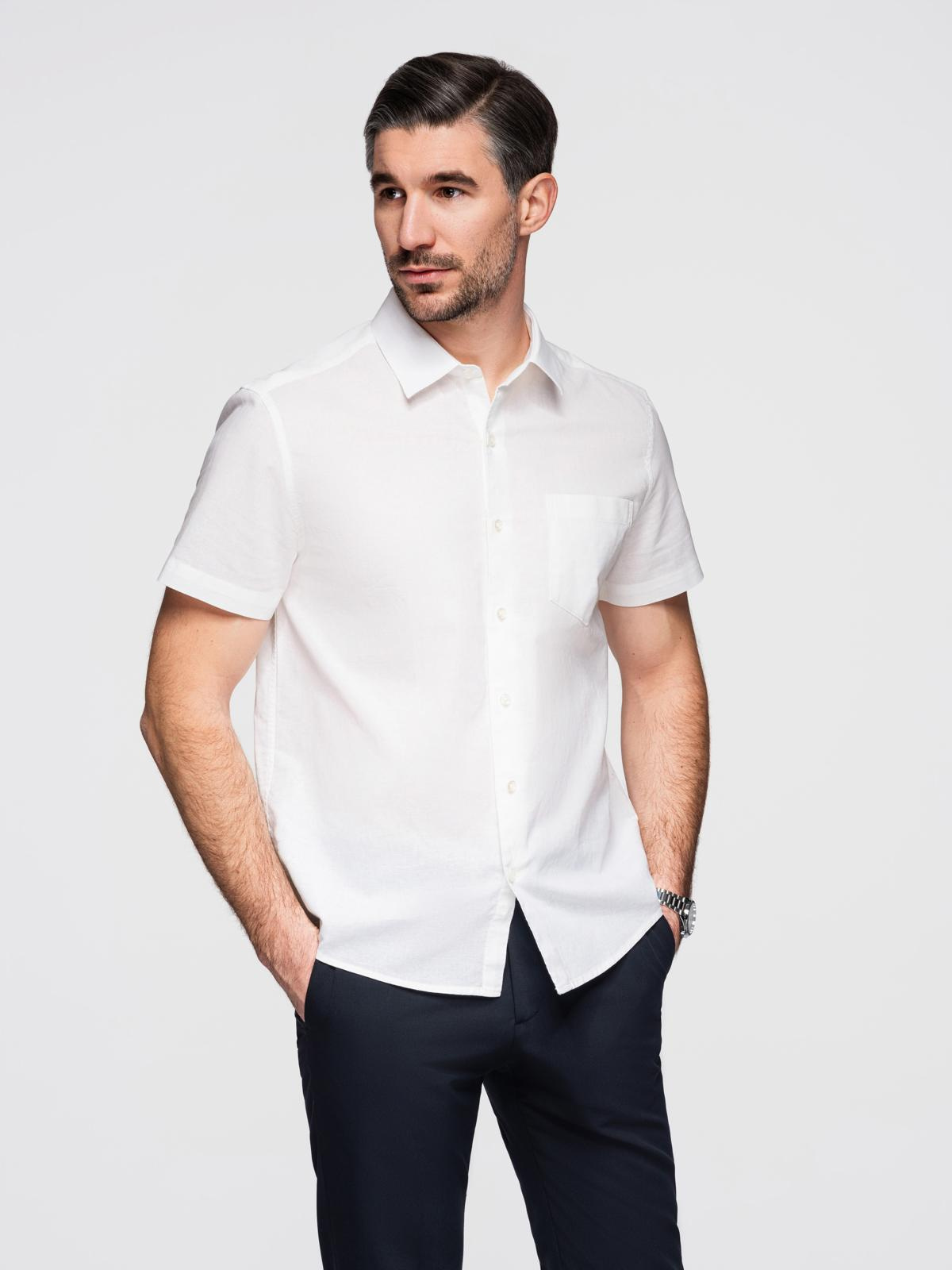 Ombre Men's short-sleeved linen-cotton shirt with pocket - broken white