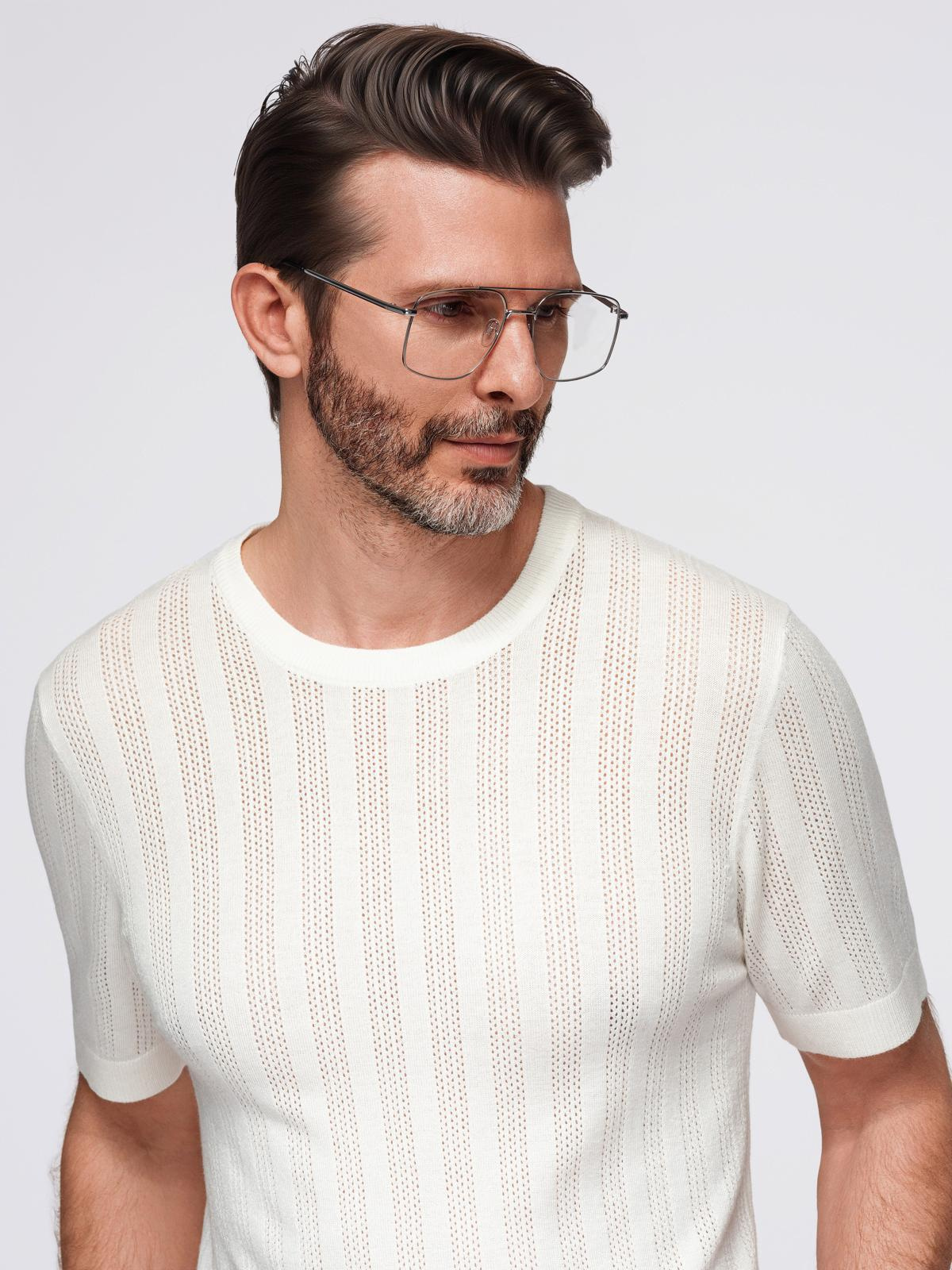 Ombre Men's openwork sweater with round neckline and short sleeves - white