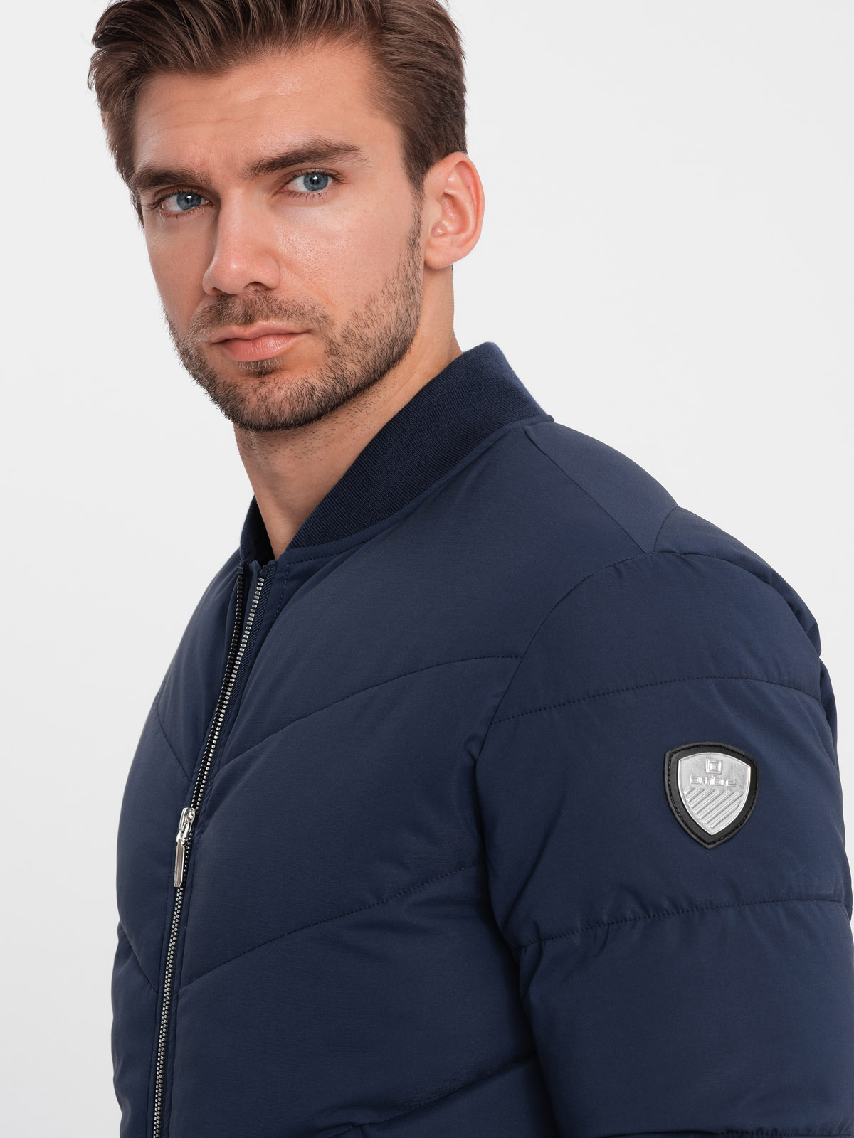 Ombre Men&#039;s quilted bomber jacket with metal zippers - navy blue