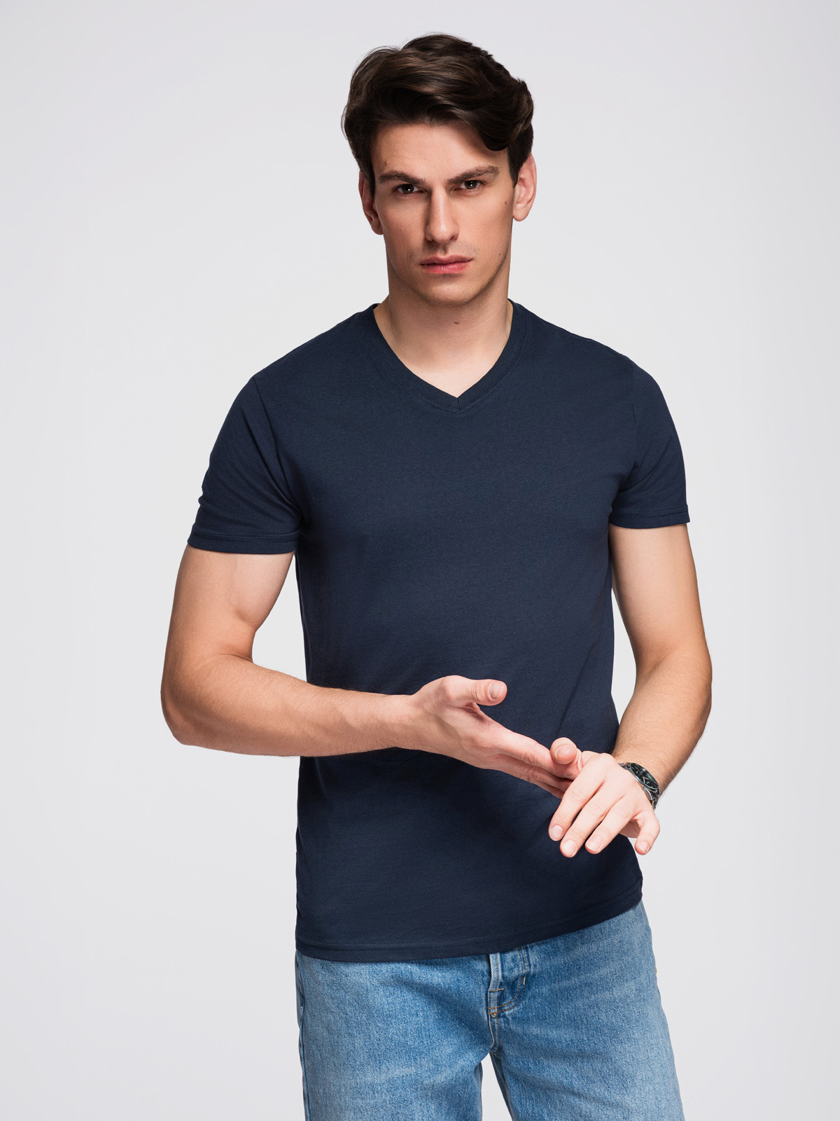 Ombre BASIC men's cotton V-neck T-shirt set - white/sand/navy
