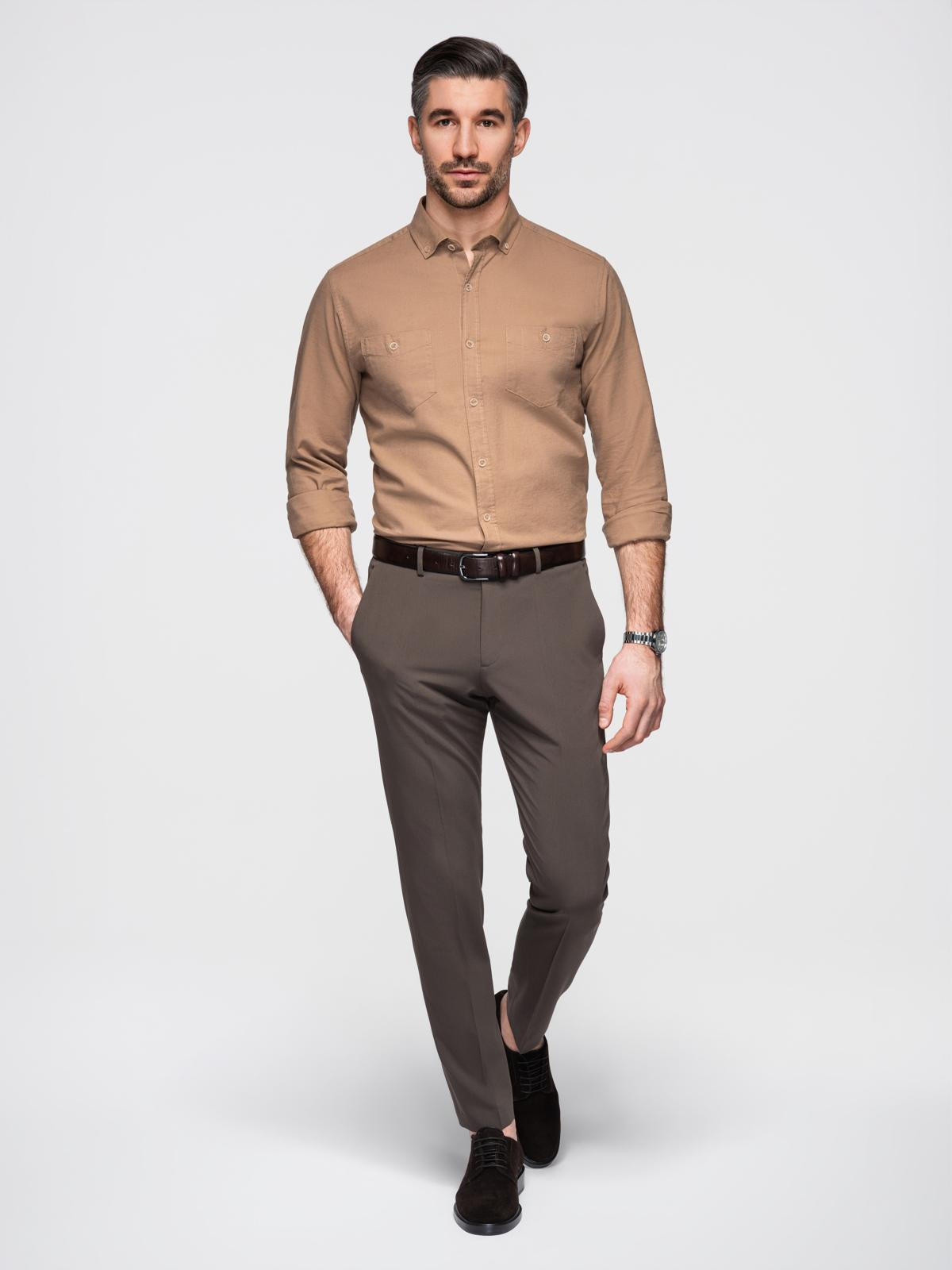 Ombre Men's linen shirt with classic collar and pockets REGULAR FIT - light brown