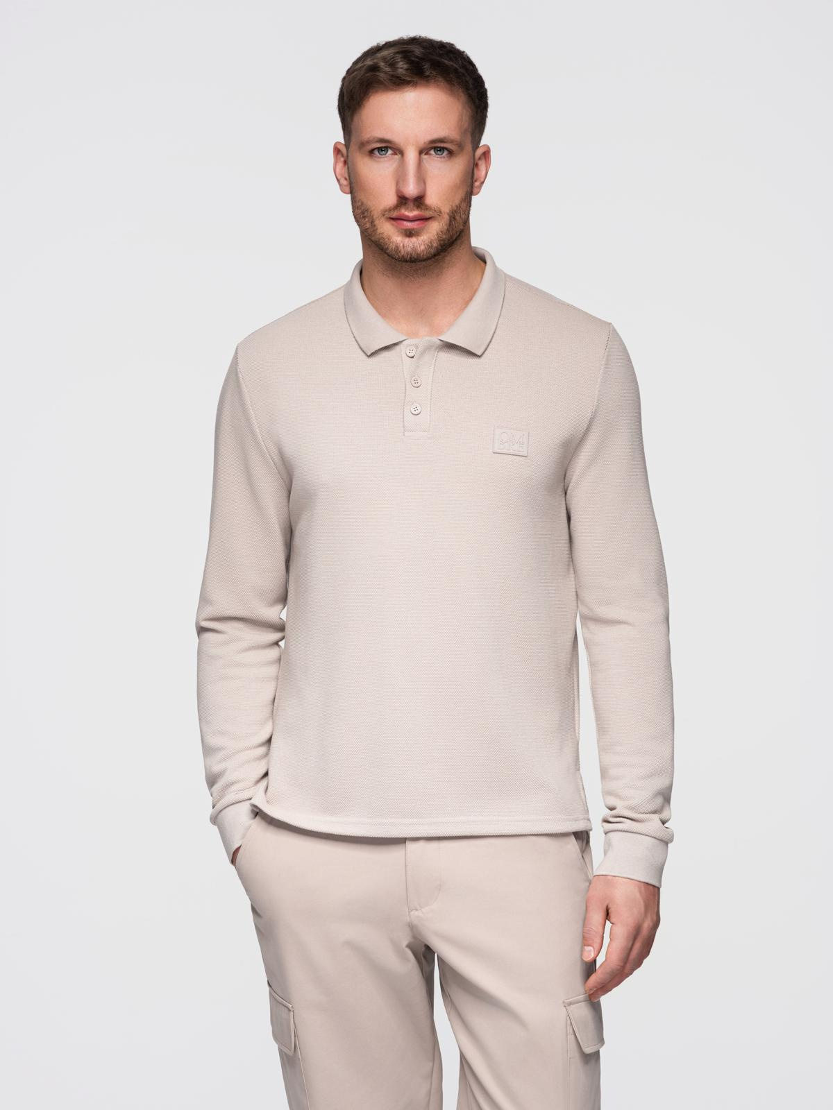 Ombre Men's structured polo longsleeve with patch - ash